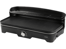 Charger l&#39;image dans la galerie, Gril électrique noir avec cadre argenté et bouton de contrôle de la température. Fond noir.
