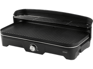 Gril électrique noir avec cadre argenté et bouton de contrôle de la température. Fond noir.