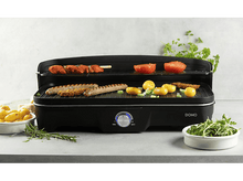 Charger l&#39;image dans la galerie, Un grill électrique noir avec de la nourriture en train de cuire, plus des accompagnements et un cadran.
