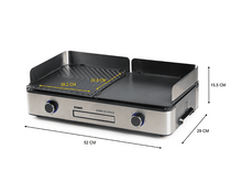 Charger l&#39;image dans la galerie, Un barbecue en acier inoxydable avec deux surfaces de cuisson et des boutons de contrôle.
