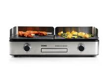 Charger l&#39;image dans la galerie, Un grill en acier inoxydable avec de la nourriture, dont des brochettes et des légumes, de chaque côté.
