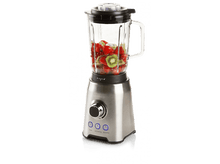 Charger l&#39;image dans la galerie, Blender argenté avec des fruits à l&#39;intérieur. Fraises rouges et kiwis visibles.
