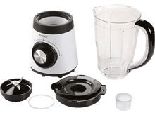 Charger l&#39;image dans la galerie, Un mixeur blanc et noir démonté avec des composants. Inclut base, bocal, lame, couvercle et petit gobelet mesureur.
