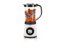 Charger l&#39;image dans la galerie, Blender avec légumes. Carottes, oignons et tomates sont visibles. Design noir et blanc.
