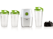 Charger l&#39;image dans la galerie, Blender avec une base argentée, des récipients transparents avec des couvercles verts et une pièce de lame noire.

