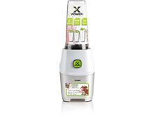 Charger l&#39;image dans la galerie, Un blender blanc et argenté avec un récipient en plastique transparent, trois bouteilles sont affichées.
