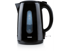 Charger l'image dans la galerie, Une bouilloire électrique noire sur une surface blanche. Elle a un indicateur de niveau d'eau et une poignée.
