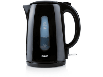 Une bouilloire électrique noire sur une surface blanche. Elle a un indicateur de niveau d'eau et une poignée.