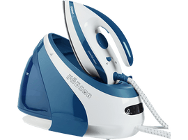 Fer à repasser vapeur blanc et bleu avec base, cordon et panneau de commande.