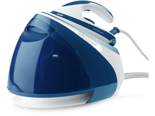 Charger l&#39;image dans la galerie, Un fer à vapeur bleu et blanc avec un réservoir d&#39;eau bleu. Il est sur une base blanche.
