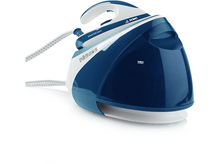 Charger l&#39;image dans la galerie, Fer à vapeur bleu et blanc avec un câble blanc, sur une surface blanche.
