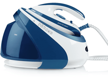 Charger l&#39;image dans la galerie, Fer à vapeur bleu et blanc avec réservoir d&#39;eau, sur une surface blanche.
