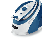 Charger l&#39;image dans la galerie, Fer à vapeur avec un design bleu et blanc, montrant les réglages.
