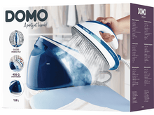 Charger l&#39;image dans la galerie, Boîte pour un fer à vapeur bleu et blanc, avec des images et du texte.
