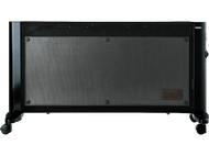 Chauffage électrique noir avec grille, sur roues, fond noir.