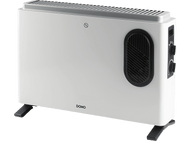 Chauffage électrique blanc, rectangulaire avec ventilateur et commandes noirs, sur fond noir.