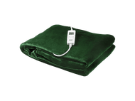 Une couverture chauffante électrique vert foncé pliée avec un panneau de contrôle blanc.