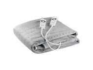 Une couverture chauffante électrique grise pliée avec deux panneaux de contrôle blancs et des fils.