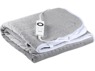 Couverture chauffante grise pliée avec bord blanc et panneau de commande.