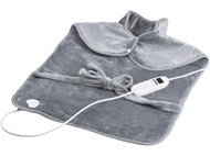 Écharpe chauffante grise avec panneau de commande blanc et lien. Elle est sur une surface blanche.