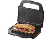 Charger l&#39;image dans la galerie, Un appareil à sandwich noir ouvert avec un sandwich grillé à l&#39;intérieur. Le sandwich contient de la viande, des légumes et du fromage.

