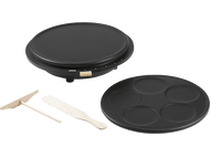 Une crêpière noire. Elle a une surface de cuisson ronde et une plaque séparée pour petits pancakes.