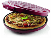 Machine à pizza rouge avec une pizza, une feuille de basilic et une base noire.