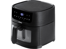 Charger l&#39;image dans la galerie, Friteuse à air noire avec une poignée et un affichage numérique. Elle affiche la température 185.

