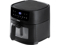 Friteuse à air noire avec une poignée et un affichage numérique. Elle affiche la température 185.