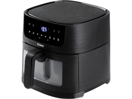 Friteuse à air noire avec une poignée et un affichage numérique. Elle affiche la température 185.