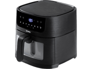 Friteuse à air noire avec une poignée et un affichage numérique. Elle affiche la température 185.