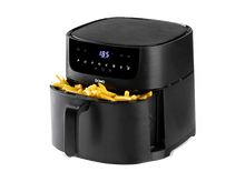 Charger l'image dans la galerie, Une friteuse à air noire avec une poignée et un panier plein de frites. L'affichage indique 185 degrés.
