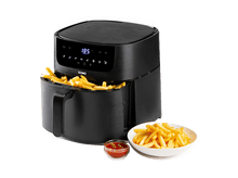 Charger l'image dans la galerie, Friteuse à air noire avec frites à l'intérieur, un bol de frites et du ketchup à côté.
