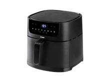 Charger l'image dans la galerie, Friteuse à air noire avec affichage numérique. Ses dimensions sont de 29,5 cm x 38 cm x 30 cm. Fond noir.

