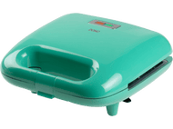 Un appareil à sandwich sarcelle, vu d'en haut, avec une poignée et un voyant vert d'alimentation.