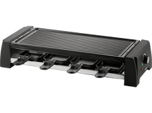 Charger l&#39;image dans la galerie, Gril à raclette noir avec quatre poêlons, une plaque de cuisson et un bouton. Fond blanc.
