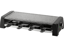 Charger l&#39;image dans la galerie, Gril à raclette avec quatre poêlons, une surface en pierre et des poignées noires. Fond blanc.
