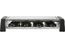 Charger l&#39;image dans la galerie, Grill raclette avec quatre poêlons. Cadre en acier inoxydable, dessus en granit. Fond blanc.
