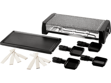Charger l&#39;image dans la galerie, Gril à raclette avec dessus en pierre, plaque de cuisson noire, spatules en bois et plateaux à fromage.

