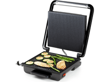 Charger l&#39;image dans la galerie, Gril noir ouvert avec des légumes grillés. Le gril est sur fond blanc avec le couvercle ouvert.
