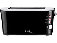 Grille-pain noir avec trois boutons : arrêt, réchauffer, décongeler. Levier et cadran argentés.