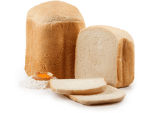 Charger l&#39;image dans la galerie, Deux pains, un tranché, avec de la farine et un œuf sur une surface blanche.
