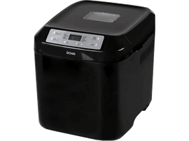 Machine à pain noire avec écran numérique et boutons de commande, vue de face, fond blanc.