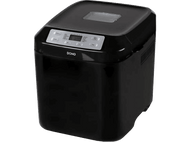 Machine à pain noire avec écran numérique et boutons de commande, vue de face, fond blanc.