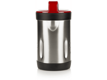 Charger l&#39;image dans la galerie, Un thermos argenté avec un couvercle rouge.
