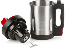 Charger l&#39;image dans la galerie, Un mixeur en acier inoxydable avec des touches de rouge et de noir, lame détachée.
