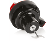 Charger l&#39;image dans la galerie, Robot culinaire noir et rouge. Lame visible. Fond blanc, vue de dessus.
