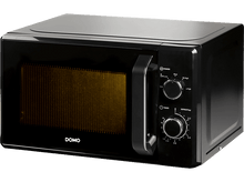 Charger l&#39;image dans la galerie, Four à micro-ondes noir sur une surface blanche. Cadrans et affichage numérique visibles.
