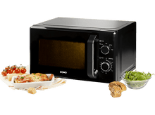 Charger l&#39;image dans la galerie, Micro-ondes noir sur un comptoir de cuisine, avec nourriture et ingrédients. Marque DOMO visible.
