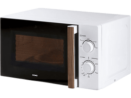 Un micro-ondes blanc avec une porte noire et une poignée en bois. Il y a des boutons de commande à droite.